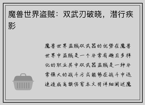 魔兽世界盗贼：双武刃破晓，潜行疾影